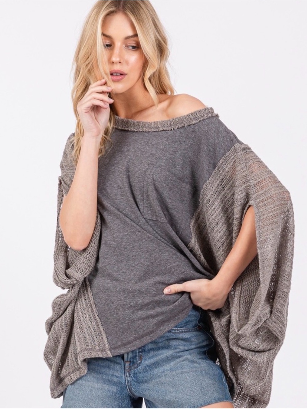 Boho Solid Knit Boat Neck Front Pocket Poncho